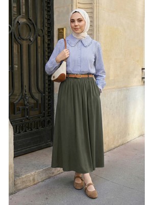 inStyle Büzgülü Kemerli Haki Modal Etek