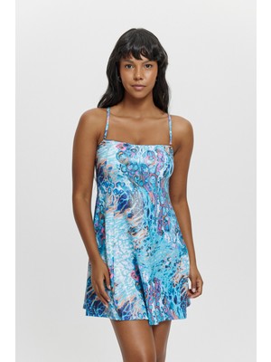 Louren Kadın Straplez Toparlayıcı Mavi Etnik Desenli Ince Askılı Elbise Mayo