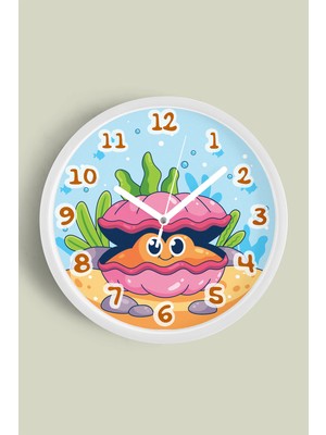 JHAAR Sevimli Midye / Istiridye Çocuk Odası Duvar Saati - 25CM - Önü Camlı Beyaz Kasa
