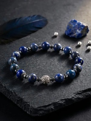 Sırlı Taş Lapis Lazuli, Hematit, Gümüş Doğal Taş Bileklik, Unisex Bileklik, Tasarım Bileklik Ayarlanabilir