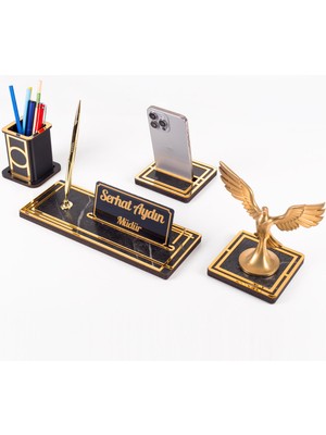 Ofistike Vista Anka Kuşu Biblolu Gold Ahşap Masa Isimliği Seti Mermer Desenli Ofis Hediyesi Masa Üstü Isimlik