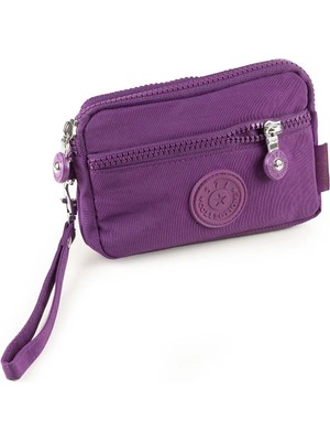 İmaks Krinkıl / Klinkır Su Geçirmez Kumaş 3 Fermuarlı Bilek Askılı Cep Telefon Taşıma Cüzdan Mor 515-B