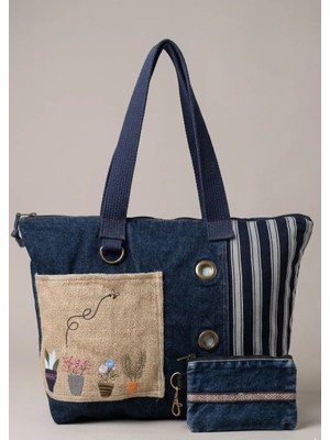 Old Cotton Denim Kumaş Bohem Omuz Çantası(Mini Saksı Desen)