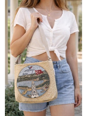Kadın Dokuma Plaj Çantası Kemer Türkiye Desenli Omuz Çantası Geniş Hacimli Tatil Çantası 33X75 cm