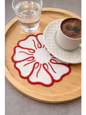 Mora Tekstil 6’lı Çiçek Nakışlı Sunum Peçetesi – Keten Kumaş Kahve Yanı & Davet Masası Parti Peçetesi