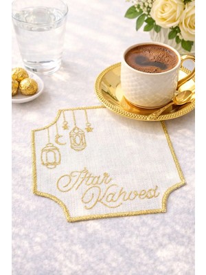 Mora Tekstil Ramazan Özel Iftar Kahvesi Nakışlı Amerikan Servis – 6’lı Set | Lüks Altın Işlemeli Kahve Sunum Peçetesi