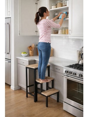 Mefehe Siyah Katlanabillir Ahşap Basamaklı Çok Amaçlı Merdiven