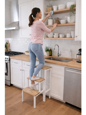 Mefehe Beyaz Katlanabillir Ahşap Basamaklı Çok Amaçlı Merdiven