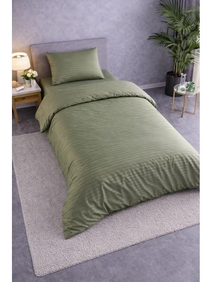 Vionetta Pamuk Saten Otel Serisi Tek Kişilik Nevresim Takımı Yeşil Çizgili Lastikli Çarşaflı