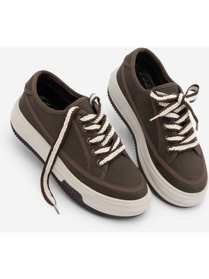 Marjin Kadın Sneaker Yüksek Taban Bağcıklı Bez Spor Ayakkabı Kotnel Kahve Keten