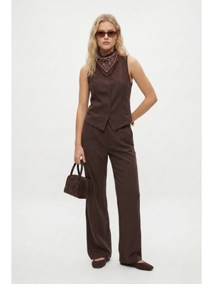 Ritnice Kadın Leya Premium Dokuma Yelek Pantolon Kahverengi Alt Üst Takım