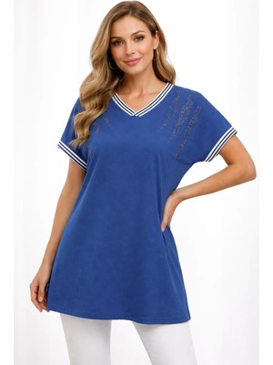 BezeXL Büyük Beden Taşlı Çizgili Bluz Lacivert