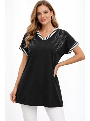 BezeXL Büyük Beden Taşlı Çizgili Bluz Siyah