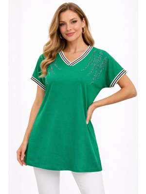 BezeXL Büyük Beden Taşlı Çizgili Bluz Yeşil