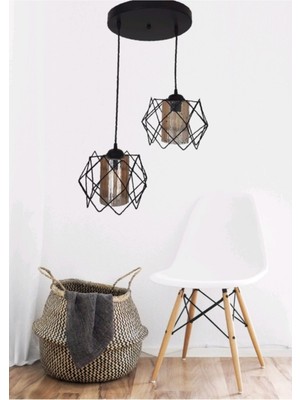 Allians Şık Iki Parçalı Siyah Mika Camlı Kare Sarkıt Avize Seti