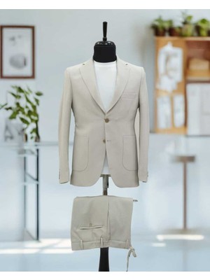 Beystil Sivri Yaka Krem Spor Casual Jogger Takım Gofre - Slim Fit