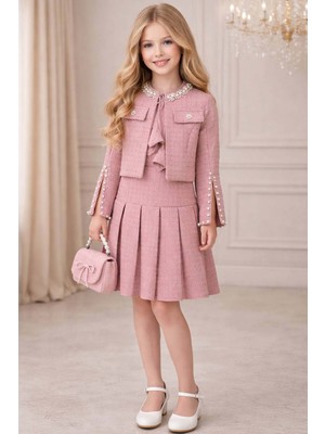 Riccotarz Kız Çocuk Yakası Incili ve Kolları Yırtmaç Detaylı Ceket Bisiklet Yaka Pliseli Şanel Pembe Elbise