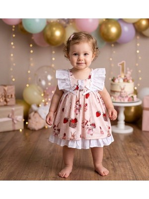 Bebeva Baby Kız Bebek Pudra Pembe Tavşan ve Çilek Desenli Fırfırlı Butik Elbise