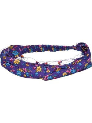 Lastikli Paraşüt Bandana Çiçekli Boncuklu Mor