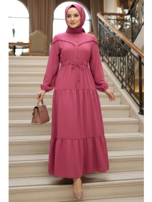 Neva Style Kat Piliseli Koyu Gül Kurusu Tesettür Elbise 10334KGK
