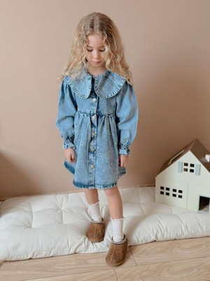 Cg Kids Fiyonk Taşlı Işlemeli Jean Kot Denim Elbise Kız Çocuk Süper Kalite