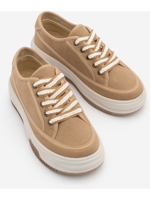 Marjin Kadın Sneaker Yüksek Taban Bağcıklı Bez Spor Ayakkabı Kotnel Camel Keten