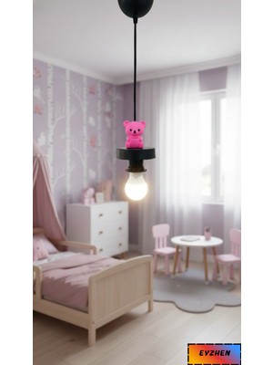 Allians El Yapımı Pembe Taş Ayıcık Figürlü Çocuk Odası Sarkıt Lamba