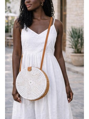 Kadın Yuvarlak Hasır Çanta 20 cm – El Yapımı Rattan Omuz Çantası – Bohem Yaz Stili Doğal Hasır Çanta