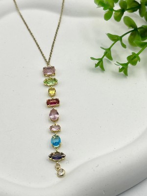 Badiva.co 9 Taşlı Renkli Çelik Kolye