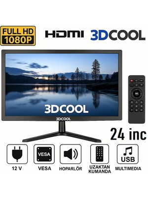 3DCool 3D-24LXAE 24" Full Hd HDMI VGA USB Hoparlörlü Kumandalı 12V LED Monitör
