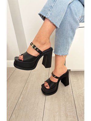 Asmi Shoes Kadın Soha Siyah Toka Detaylı 12 cm Ortopedik Platform Topuklu Terlik  Siyah