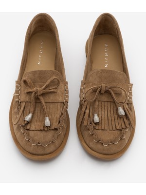 Marjin Kadın Hakiki Deri Püsküllü Fiyonklu Makosen Vardola Loafer Günlük Ayakkabı Ronce Camel Süet