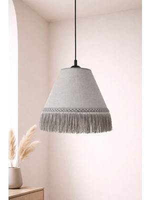 Allians Modern Şık Püsküllü Sarkıt Avize, Kumaş Şapkalı Tavan Lambası, Gri ve Siyah