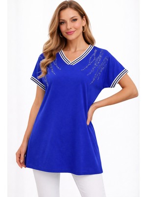 BezeXL Büyük Beden Taşlı Çizgili Bluz Saks