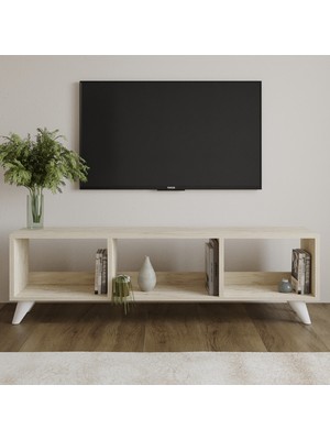 İnarch Dizayn Tina Tv Sehpası – 120 cm Açık Meşe Renkli, Retro Tarz Ahşap Ayaklı Minimal Tv Sehpası
