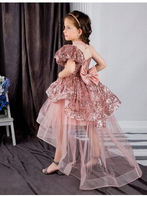 Gala Stil Gala Payetli Tek Kollu Çocuk Elbise Pembe Renkli Özel Olay İçin Şık Tasarım