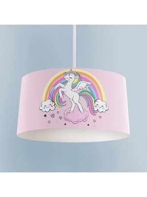 Allians Renkli Gökuşağı ve Unicorn Desenli Pembe Bebek ve Çocuk Odası Avizesi