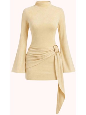 Pastelastore Toka Detaylı Kuşaklı Dik Yaka Mini Kadın Elbise