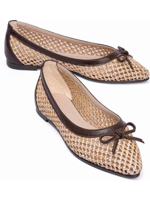 Mubiano Kadın Hasır Babet Sivri Burun Fiyonk Detaylı Günlük Ayakabı Azalea Kahverengi