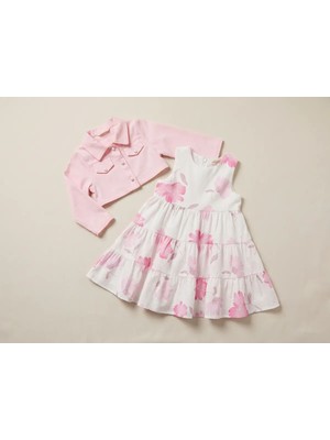 Mutlu Bebe %100 Pamuk Bayramlık Kız Çocuk Çiçek Desenli Elbise ve Pembe Ceket 2’li Takım