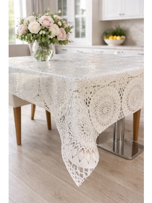Rona Home Şeffaf Dantel Desenli Masa Örtüsü Pvc Silinebilir Leke Tutmaz Şık Salon Mutfak Masa Örtüsü