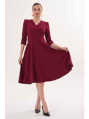 Ruris Kadın Bordo V Yaka Cepli Truvakar Kol Midi Kloş Double Kumaş Elbise