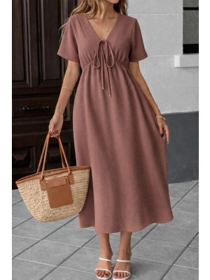 Kadın V Yaka Büzgülü Ip Detay Aerobin Kumaş Elbise