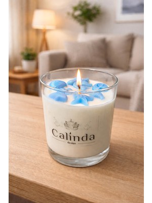 Calinda Candles Mavi Deniz Kabukları Tasarımlı Kokulu Mum | %100 Soya Wax Cam Bardak Mum
