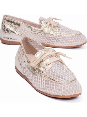 Mubiano Kadın File Loafer Altın Detaylı Bağcıklı Günlük Babet Lilia Bej