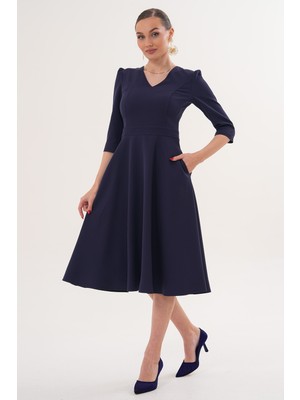Ruris Kadın Lacivert V Yaka Cepli Truvakar Kol Midi Kloş Double Kumaş Elbise