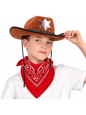 Bsre Rozetli Kahverengi Kovboy Şapka ve Kırmızı Bandana Seti (Çocuk Için)