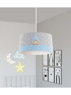 Allians Yıldız ve Ayıcık Desenli Mavi Çizgili Bebek ve Çocuk Odası Avizesi