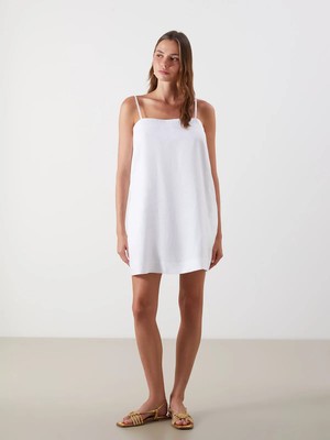 Lc Waikiki Yeni Sezon Kare Yaka %100 Keten Mini Elbise