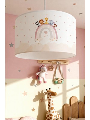 Allians Pembe Kalpli Gökkuşağı Safari Desenli Çocuk Odası Avize